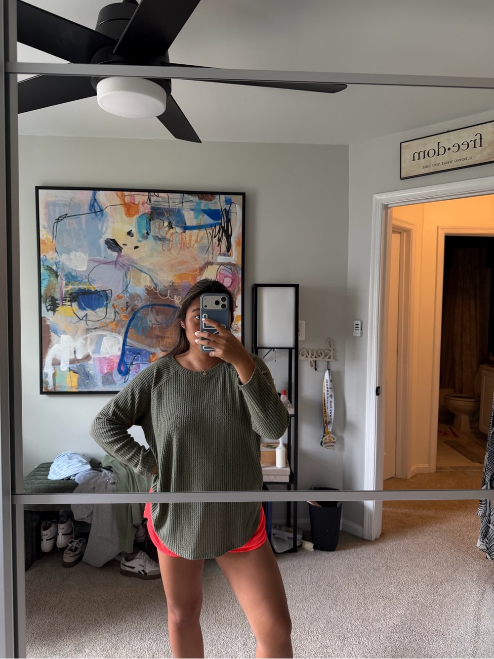American Eagle Olive Green Waffle Knit Long Sleeve Top